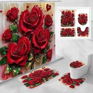 4 Pcs Red Rose Shower Curtain Set with Non-Slip Rugs, Toilet Lid Cover and Bath - Picture 1 of 7
