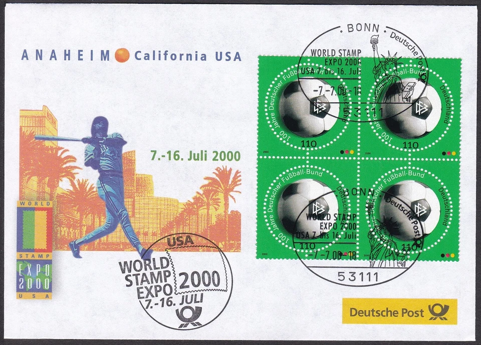 PEX0074 Intl. Stamp Exhibit. Germany Cover, USA 2000, Soccer, Statue of Liberty - Image 1 of 1