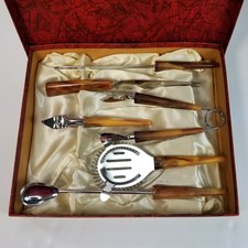Vtg Cocktail Bar Tool Set Faux Bone Handles Mid Century W Box Triple Blue Stamps