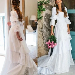 Elegant White Wedding Dresses Floral Sleeve Ruffle Tiered Lace Skirt Bridal Gown - Picture 1 of 11
