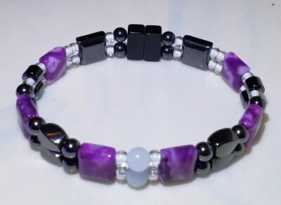 Brazalete de terapia magnética hematita y encaje púrpura ágata brilla en la oscuridad talla 8 pulgadas Foto 1 de 4