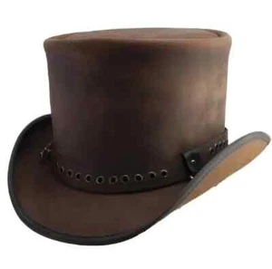 Brown Leather Rings Band Hat Hand Made Leather Top Hat Steampunk Top Hat Gothic - Bild 1 von 2