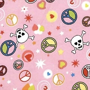 Peace Sign Skulls Pink Flannel Cotton Fabric by The Yard - Picture 1 of 1