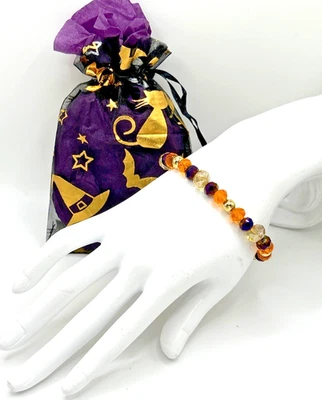 Pulsera elástica de cuentas de vidrio beige y dorado naranja púrpura colores otoño/otoño de 7,5" Foto 1 de 3