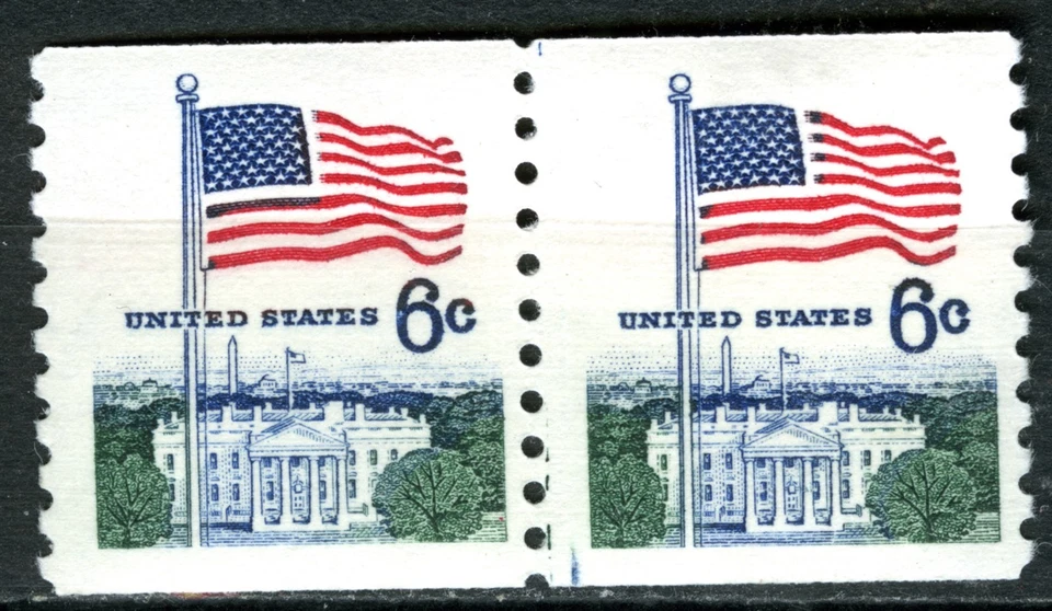 SC# 1338A - 6¢ - 1969 Regular Issue - Flag and White House - Coil Line Pair MNH - Image 1 of 1