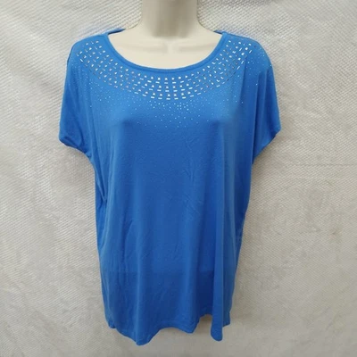 Womens Top Shirt Blouse Medium Blue Short Sleeve Round Neck Casual Preppy Ladies — 第 1/4 张图片