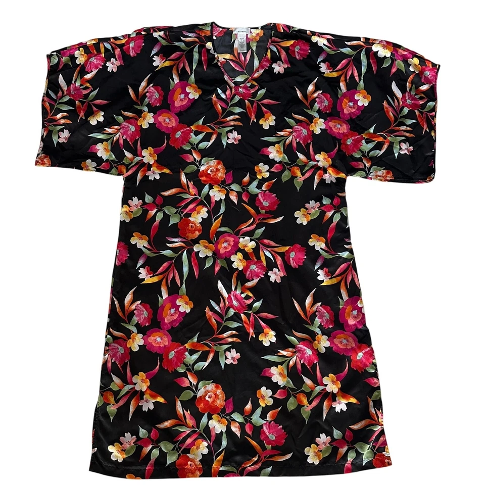 Natori Negro Tropical Floral, Como Seda, Manga Corta, Largo, MuuMuu/Kimono-L Foto 1 de 4