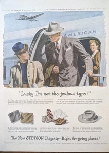 1947 Vintage Stetson Luxury Hats Print Ad, Vintage Airline Passenger Plane - Picture 1 of 1