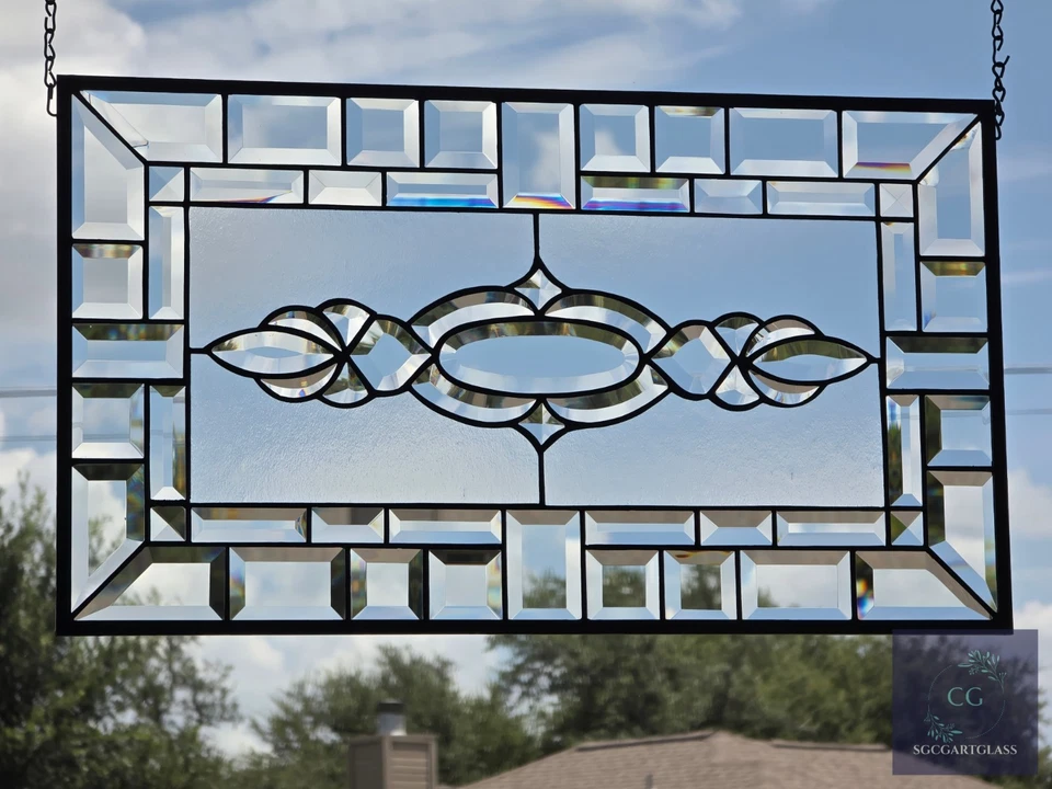 Stained glass, clear transom, rectangular 24.1/2 x 14 1/8 window hanging, panel - Image 1 of 4