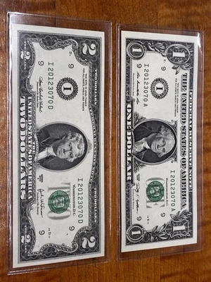 Matching Serial Number 1 & 2 Dollar Bills Notes $1-$2 Uncirculated - Image 1 of 4