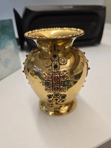 Vintage Brass Vase With Ornate Detail and Multi-Colored Stones 4.75" - Picture 1 of 7