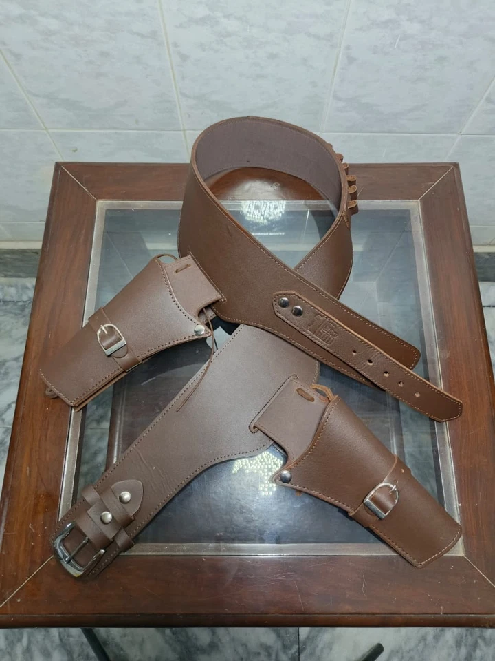 COWBOY REVOLVER LEATHER GUN HOLSTER BELT BROWN WESTERN Double Gun Holster New BE - Image 1 of 4