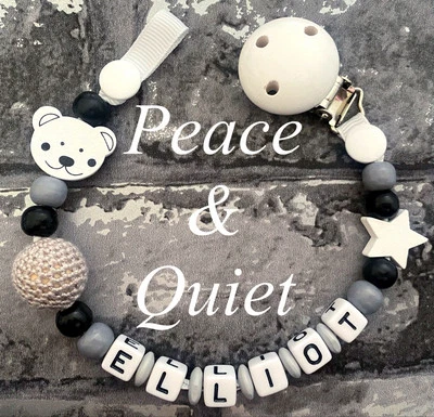 PEACE & QUIET Schnullerclip schwarz & grau | klobig | personalisiert | Teddy | Stern | gehäkelt | Geschenk