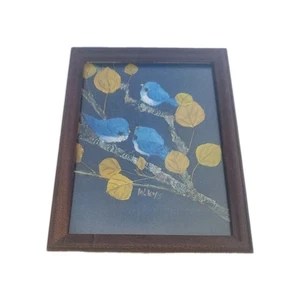 Bluebirds & Aspen Acrylic Painting Framed Signed Willa W. Lewis - Picture 1 of 6
