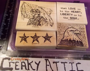STAMPIN UP THE FREE AND THE VALIENTE 4 SELLOS DE GOMA EAGEL EJÉRCITO BANDERA CRUJIENTE - Imagen 1 de 2