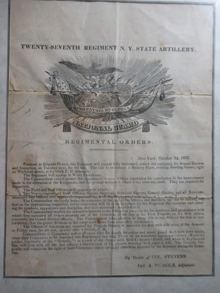 Órdenes del Regimiento de la Milicia de Nueva York de 1833, 27º Regimiento Guardia Nacional Broadside enmarcado Foto 1 de 4