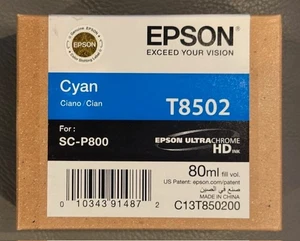 Brand New Genuine Epson T8502 Cyan Ink 80ml SC-P800 - T8502 - Exp. 08/2020 - OEM - Picture 1 of 2