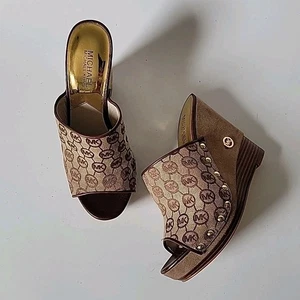 Michael Kors Belinda Open Toe Mules 9M Logo Canvas Suede Leather Platform Wedge - Picture 1 of 16
