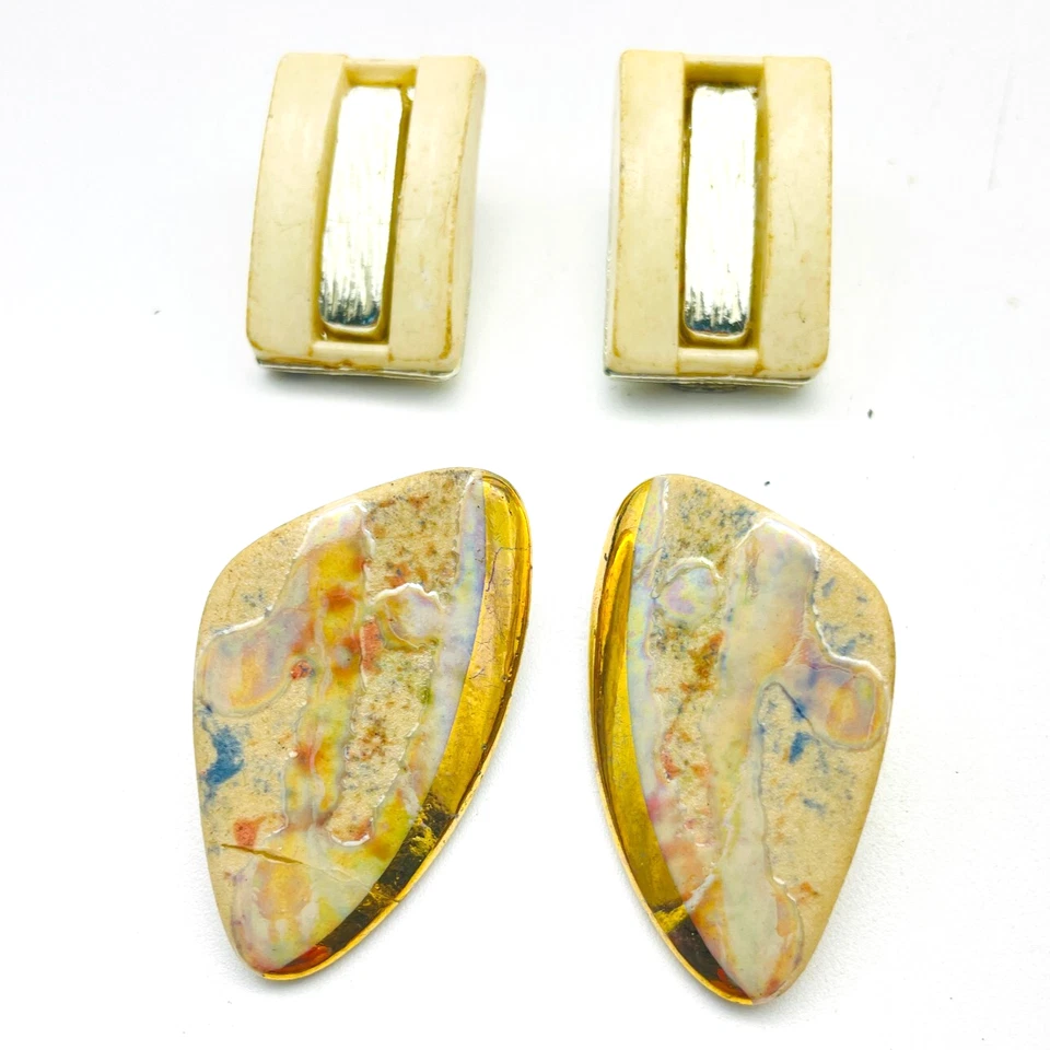 Vintage Lot of 2 Earrings Ivory and Iridescent Geometric Retro Style - Image 1 of 1