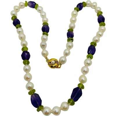 Natural Baroque Pearls Amethyst & Peridot Necklace Gold Plated Clasp - Image 1 of 4