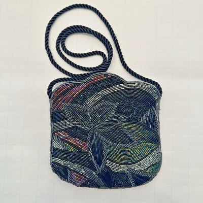 Vintage 80s Black Beaded Evening Bag STUNNING Retro GLAM! Floral multicolor - Image 1 of 4