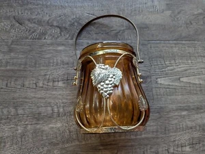 Vintage Hanging Amber Gold Glass Jar Light Candle with Silver Tone Ornaments 6" - Picture 1 of 8