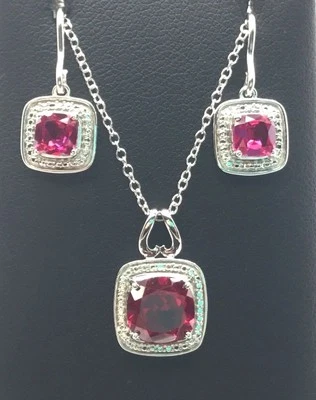 Sterling Silver Cushion Pink Tourmaline Dotted Halo Necklace Dangle Earring Set  - Image 1 of 3