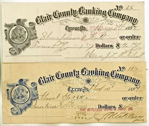 1897 BANK CHECK 2 Tyrone Pennsylvania BLAIR COUNTY BANK J L Mitchell Wife MINING - Picture 1 of 1