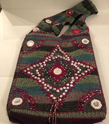 Handmade Handbag Boho Tote Bag w/Mirrors, Metallic Thread, Beads & Sequins  - Image 1 of 4
