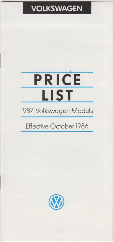 VW Original UK Price List 1987 Models Polo Golf Jetta Scirocco Passat - Image 1 of 1