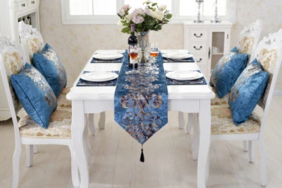 Table Runner Set Tassel Home Decors Chenille Place-mat Flocked Damask Cushion - Image 1 of 4