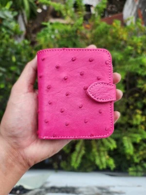 Carteras plegables rosa 100 % real, piel de avestruz genuina para mujer, tarjetero Foto 1 de 4