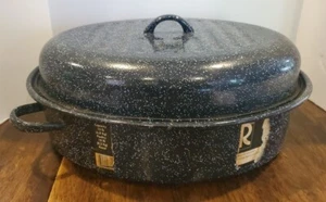 Sartén grande ovalada vintage de granito esmaltado negro moteado con tapa 16x12x8 - Imagen 1 de 18