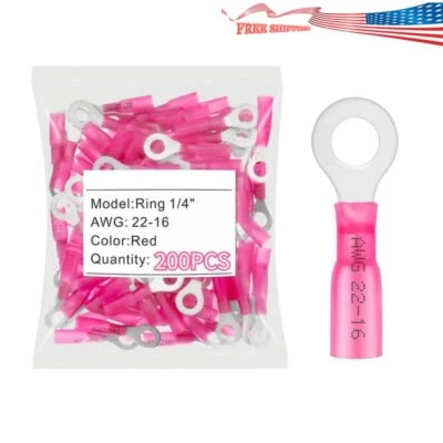 Waterproof Wire Crimp Connectors Heat Shrink Ring Terminals 1/4" 22-16AWG 200Pcs - Imagem 1 de 4