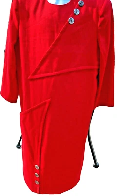 Vestido vintage rojo 100% lana manga 3/4 línea A talla 12 etiqueta de diseñador recortada Foto 1 de 4