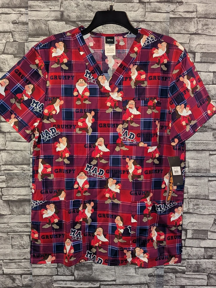 Grumpy Snow White Cherokee Scrub Top Disney Tooniforms Mens V Neck Size S New - Image 1 of 4
