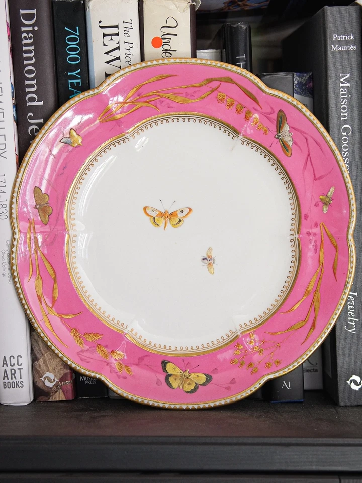 Antique Copeland Aesthetic Pink And Gold Hand Painted butterfly Porcelain Plate - Image 1 of 4
