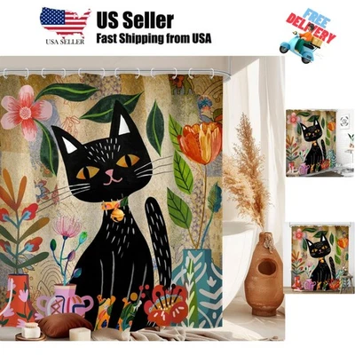 Cortina de Ducha Retro Boho Gato Negra 60Wx72H Pulgadas Bohemia Floral De Colección Fa... Foto 1 de 4