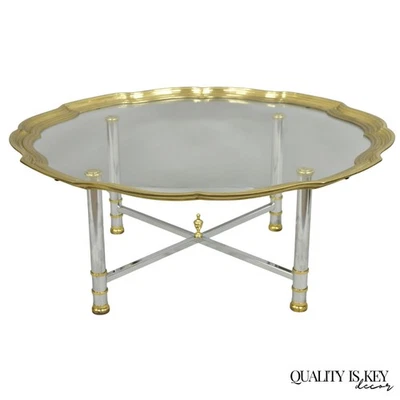 Mesa de centro con bandeja de vidrio festoneado de acero y latón estilo Maison Jansen vintage Foto 1 de 4