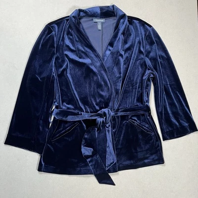 Blazer ModCloth feminino de veludo azul com cinto tamanho G bolsos drapeados envoltório festa escritório - Imagem 1 de 4