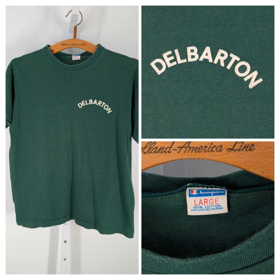 Champion Vintage 80s 5050 Delbarton NJ Ivy League Felt Logo T Shirt USA 38 Fade - Image 1 of 4