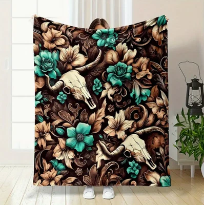 Cozy Vintage Floral & Bull Skull Print Throw Blanket -Soft Flannel Throw Blanket - Image 1 of 4