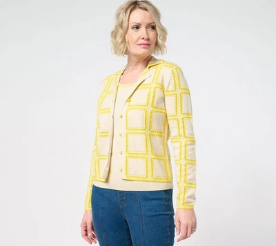 Isaac Mizrahi Live! Suéter Top Mujer Talla S Cuadros Pointelle Amarillo A684990 Foto 1 de 4