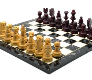 Black White Marble Patterned Chess Board and Black Boxwood Wooden Chess Pieces - Picture 1 of 8