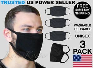 3 Stück Schwarz Gesichtsmaske Baumwolle Tuch Bezug Atmungsaktiv Waschbar Wiederverwendbar Unisex - Bild 1 von 5