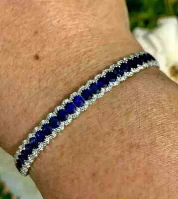 5 Ct Oval Cut Lab-Created Blue Sapphire Tennis Bracelet 14K White Gold Plated Foto 1 de 3