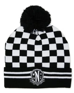 MGM WEDNESDAY Familia Addams Tejido GORRO Adulto Pom Tablero de Ajedrez Patinador Gótico Nuevo con Etiquetas - Imagen 1 de 6