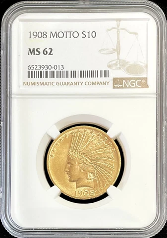 1908 MOTTO GOLD $10 DOLLAR INDIAN HEAD EAGLE COIN NGC MINT STATE 62 Cover