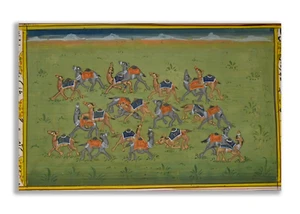 Alegre Caravana Camel Pintura Miniatura Hecha a Mano sobre Papel Antiguo 5.5 x 9 Pulgadas - Imagen 1 de 2
