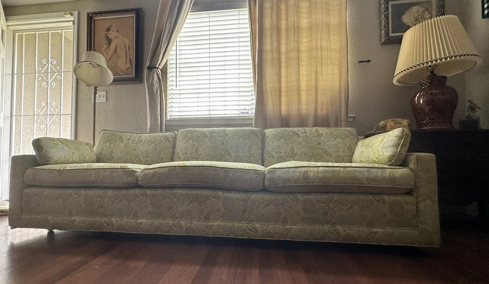 VTG MCM Low Rise Couch 97”x32.5”x28” Yellow Floral Pastel Blue Flowers Pattern  - Image 1 of 4